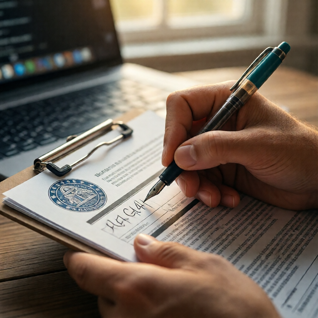 Extreme close-up of hands completing Form G-4 on a clipboard, a teal-capped pen caught mid-signature, the Georgia state
