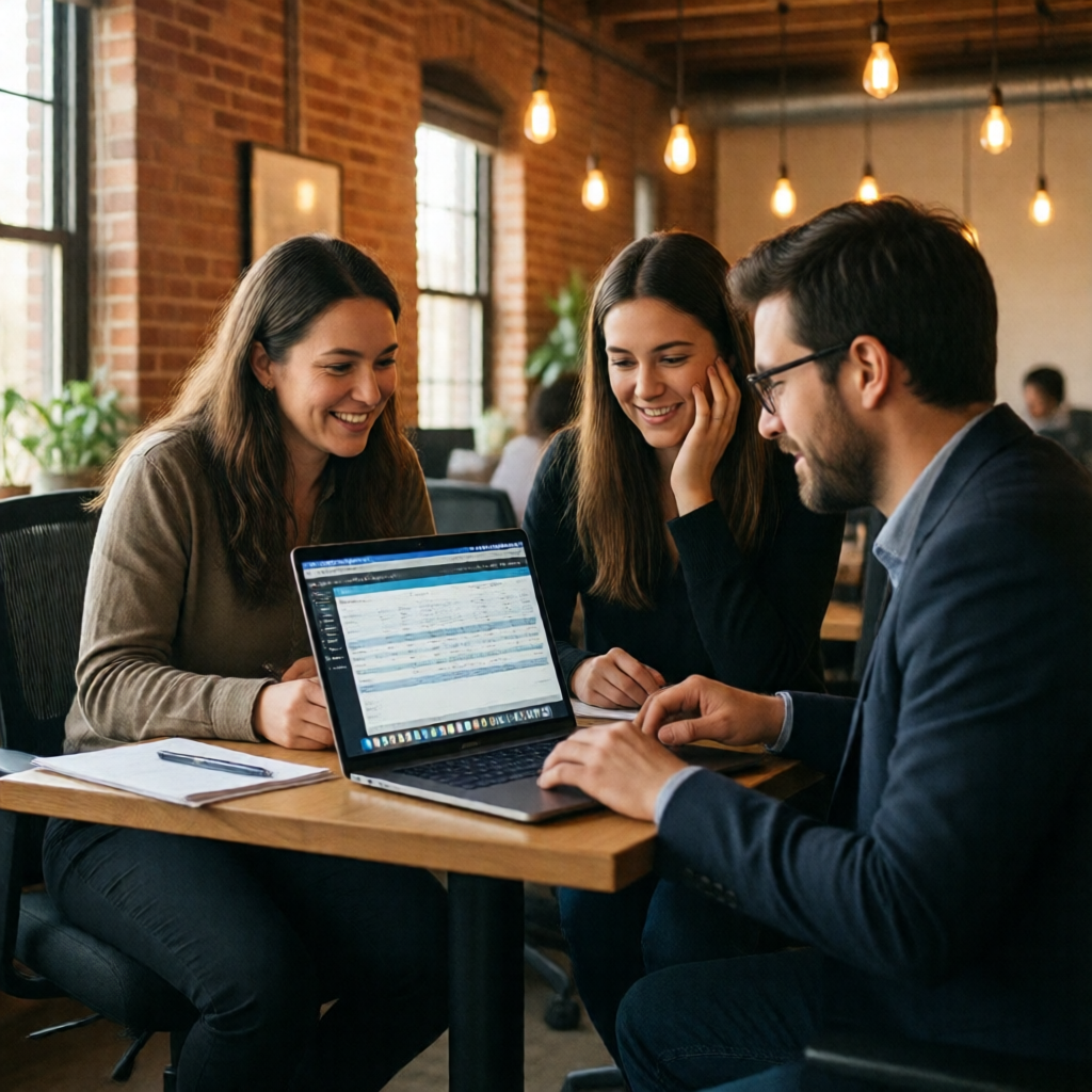Three colleagues gathered around a standing desk in a Savannah co-working space, reviewing a payroll dashboard on an ope