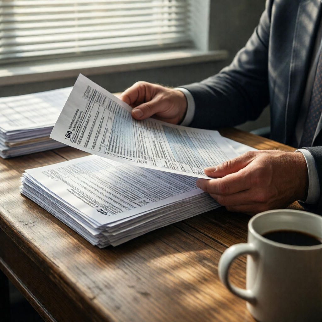 Close-up of a small business owner's hands sorting IRS employer forms and employee W-4 paperwork on a worn oak desk, mor