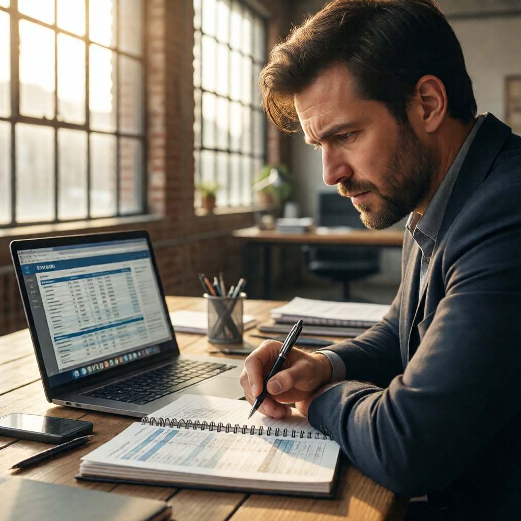 Entrepreneur in a sun-filled loft office, laptop open to a payroll dashboard, pen hovering over a spiral notebook filled