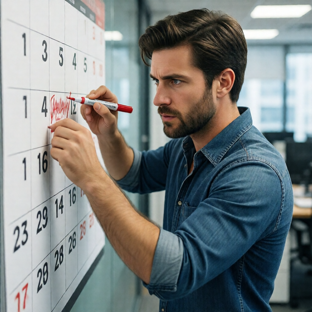 Small business owner circling a January date on a large wall calendar with a red marker, sleeves rolled up, intense focu
