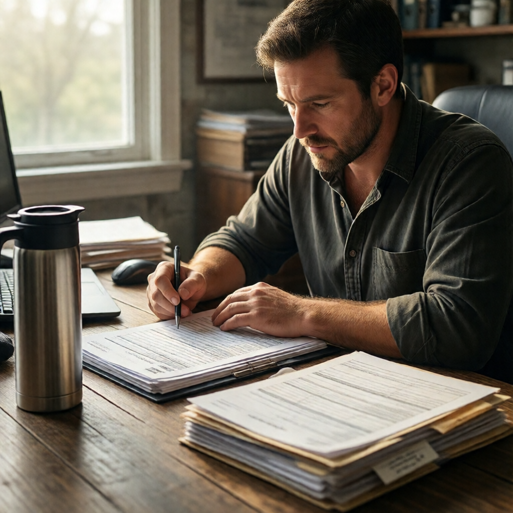 A Michigan small business owner — mid-30s, rolled sleeves, focused expression — reviewing payroll spreadsheets at a recl