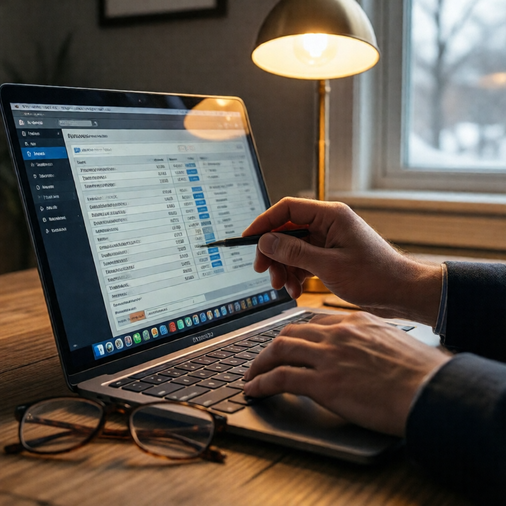 Extreme close-up of a business owner's hands entering payroll figures into accounting software on a MacBook Pro, the glo