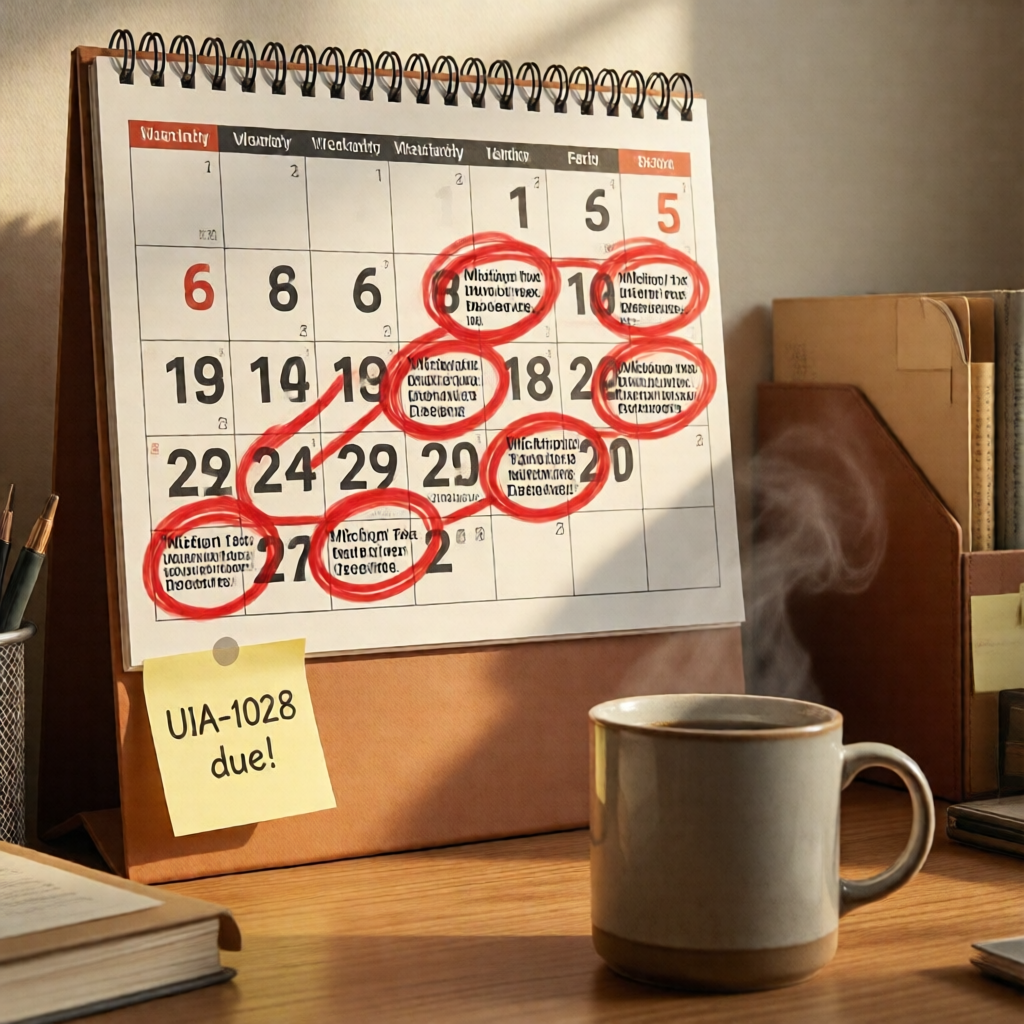 A tidy home-office desk corner featuring a large wall calendar with quarterly Michigan tax deadlines circled in bold red