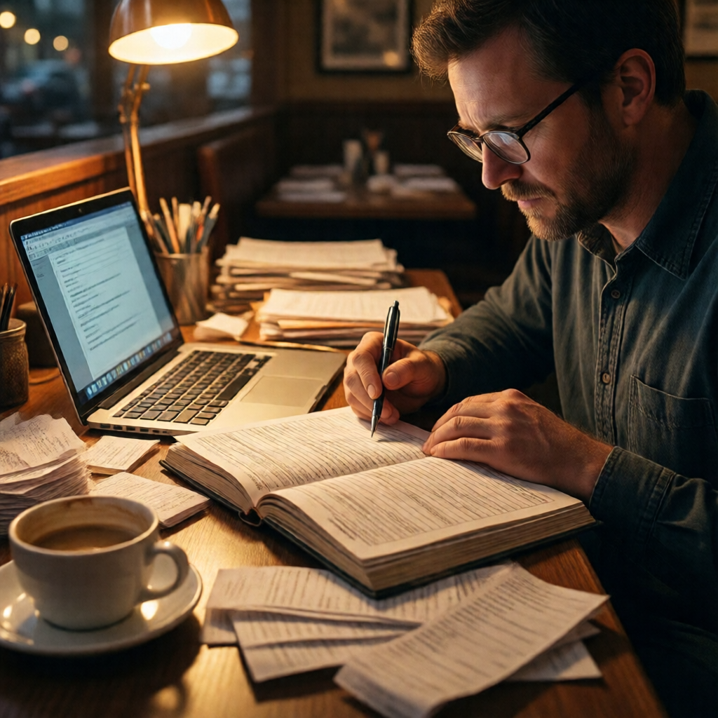 Editorial photograph of a restaurant owner at a cluttered back-office desk late in the evening: payroll ledgers splayed