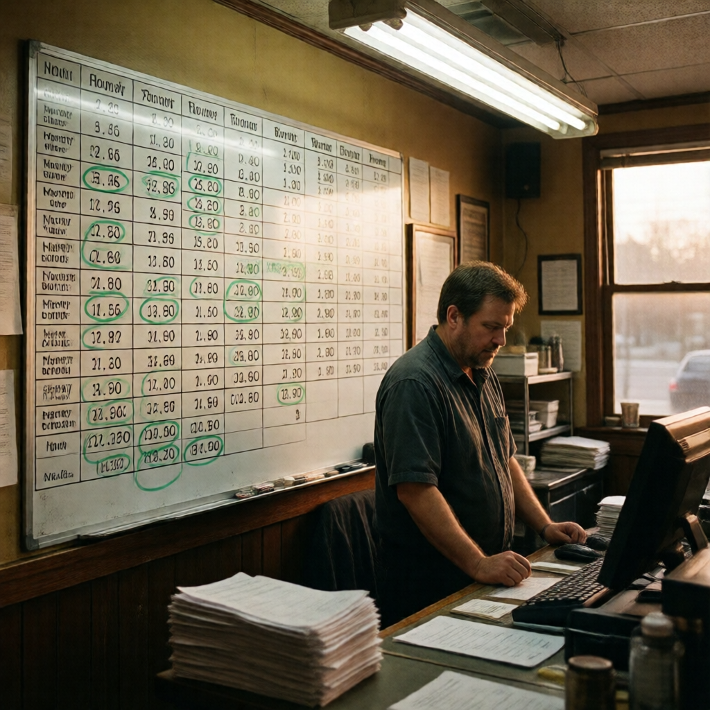 Wide editorial shot inside a small restaurant's back office: a manager stands at a wall-mounted whiteboard dense with ho