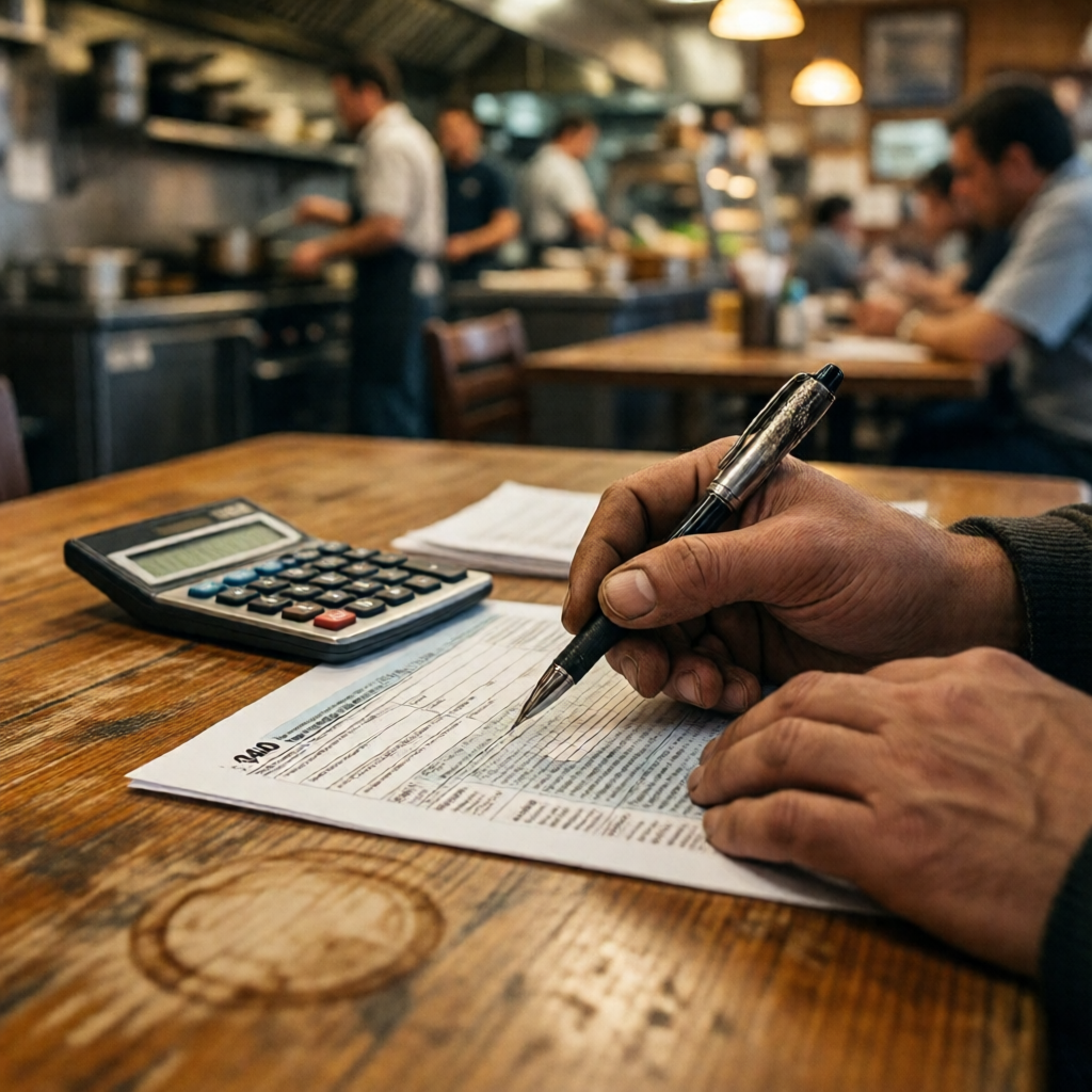 Extreme close-up editorial photograph of weathered hands completing IRS Form 941 at a worn wooden restaurant desk. A sol