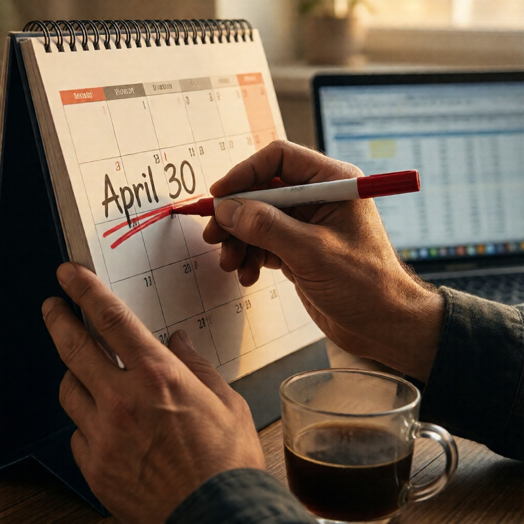 Tight editorial close-up of weathered hands circling "April 30" on a wall calendar with a red marker, the date underline