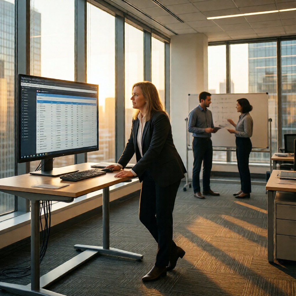 Wide editorial shot of a modern Seattle office at golden hour — owner in the foreground leaning over a standing desk, pa