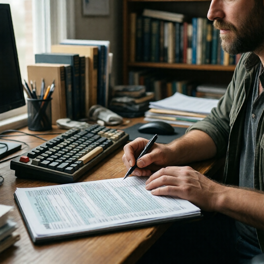Medium shot of a small business owner at a home-office corner desk, Form 940 open beside a mechanical keyboard, hand res
