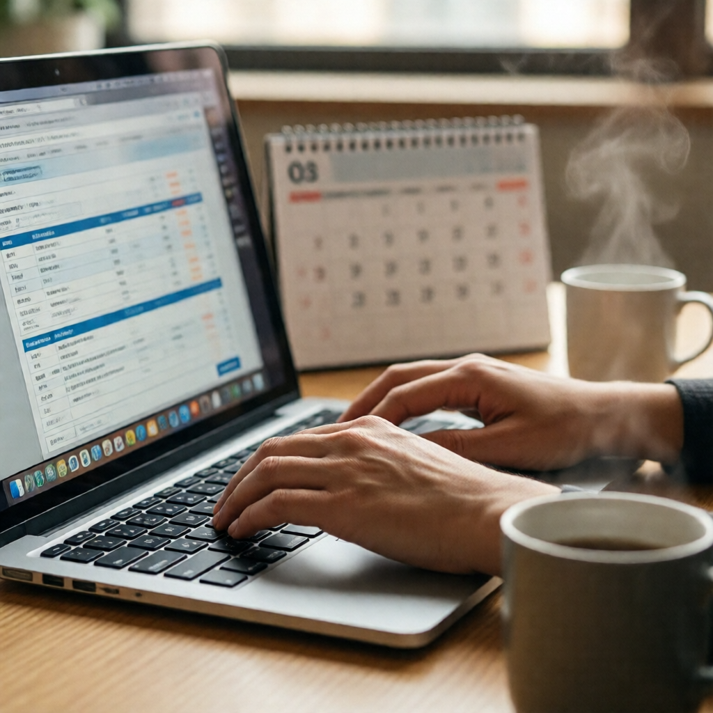 Close-up of a woman's hands typing on a laptop showing payroll software, a wall calendar open to Q3 blurred in the backg