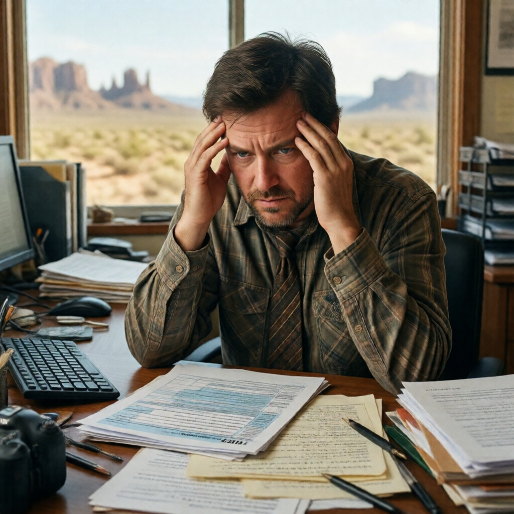 A frustrated small business owner rubbing his temple at a cluttered desk, IRS correspondence and handwritten notes visib