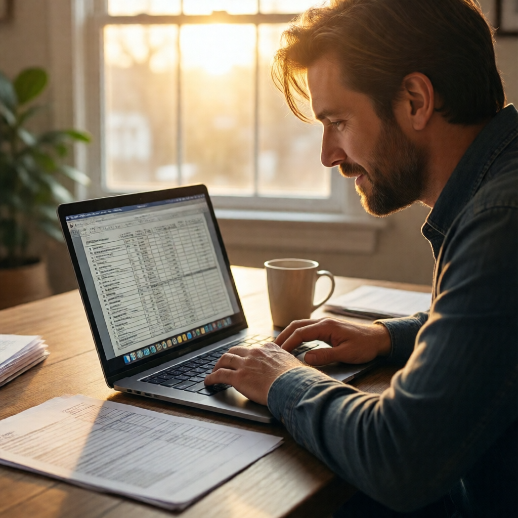 Editorial photo of a small business owner at a sunlit home office desk, leaning over a MacBook displaying a payroll spre