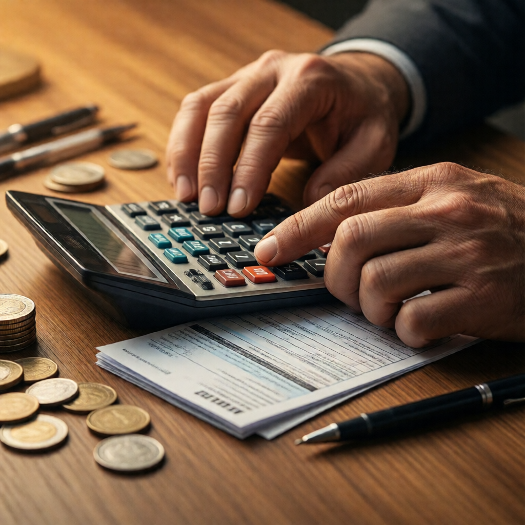 Editorial macro shot of weathered hands tapping a desktop calculator beside a crisp printed pay stub, scattered coins an