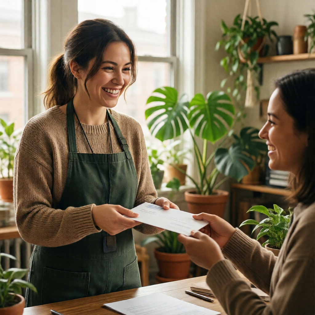 Editorial candid of a small business owner in a bright, plant-filled US office handing a printed pay envelope to a smili