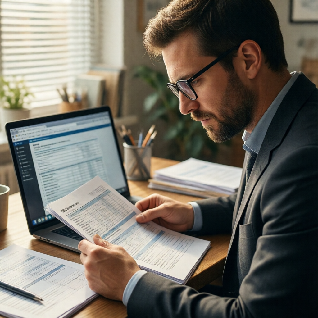 A focused small business owner at a sunlit desk reviewing payroll documents, reading glasses on, laptop open to a tax fi