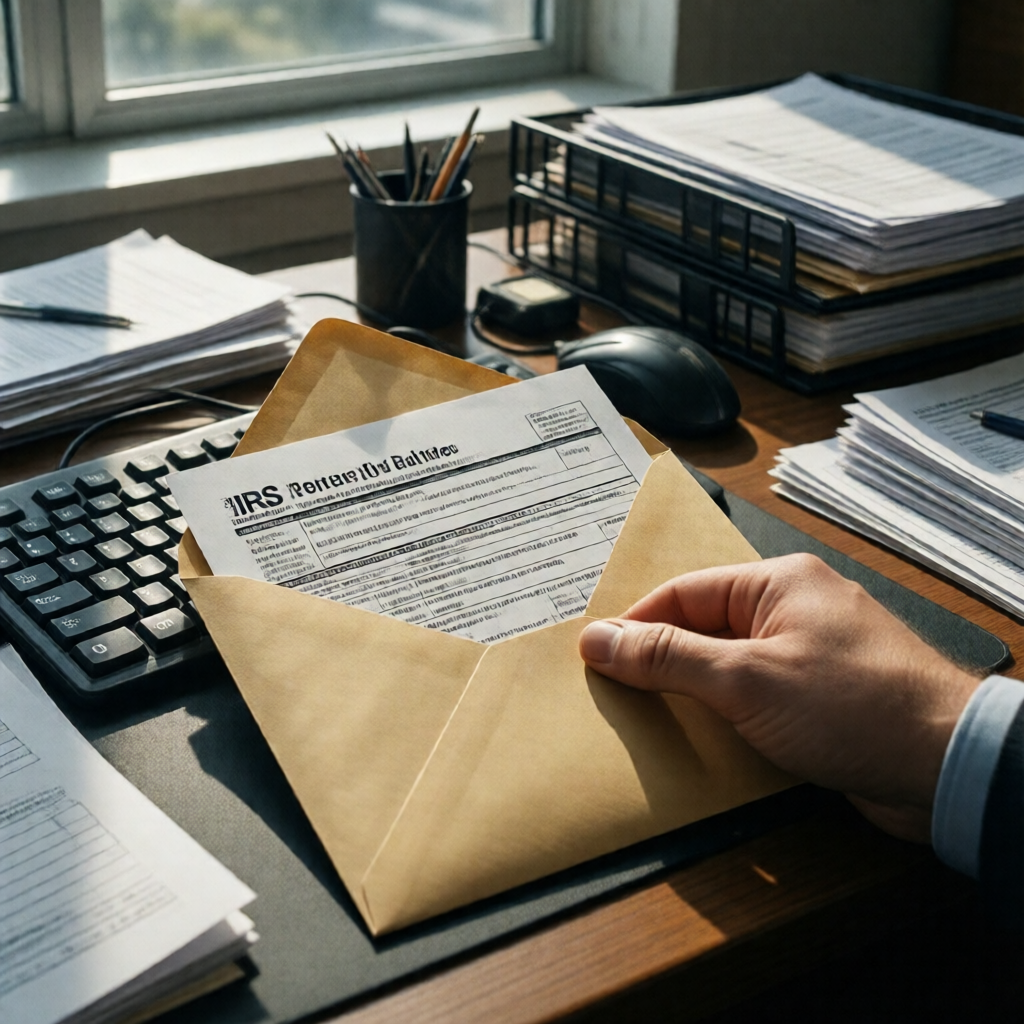 Close-up of an IRS penalty notice on a cluttered office desk, hand resting on the envelope, natural window light casting