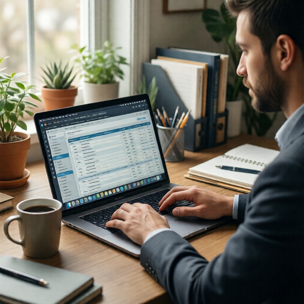 Small business owner at a tidy home office desk, payroll software open on a laptop, coffee mug to the side, morning ligh