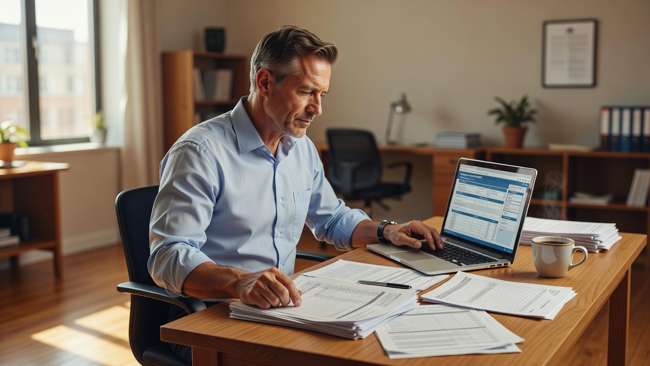 A focused small business owner in a sunlit American office — dress shirt, sleeves rolled — surrounded by printed payroll