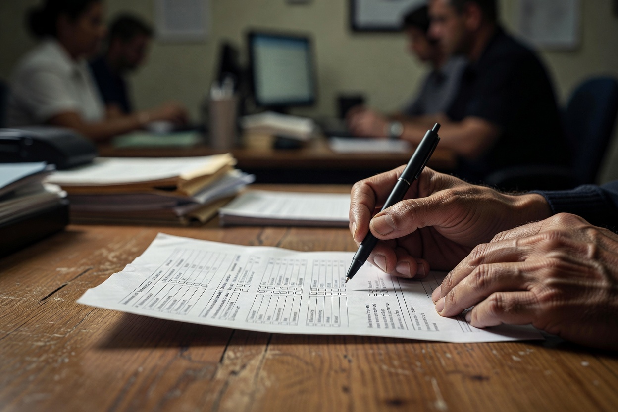 Tight editorial close-up of weathered hands holding a printed payroll checklist over a wooden desk, a pen poised mid-che