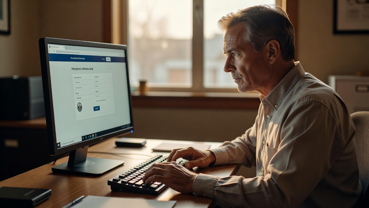 A small business owner seated at a clean desk, leaning toward a monitor displaying a Pennsylvania government address-loo