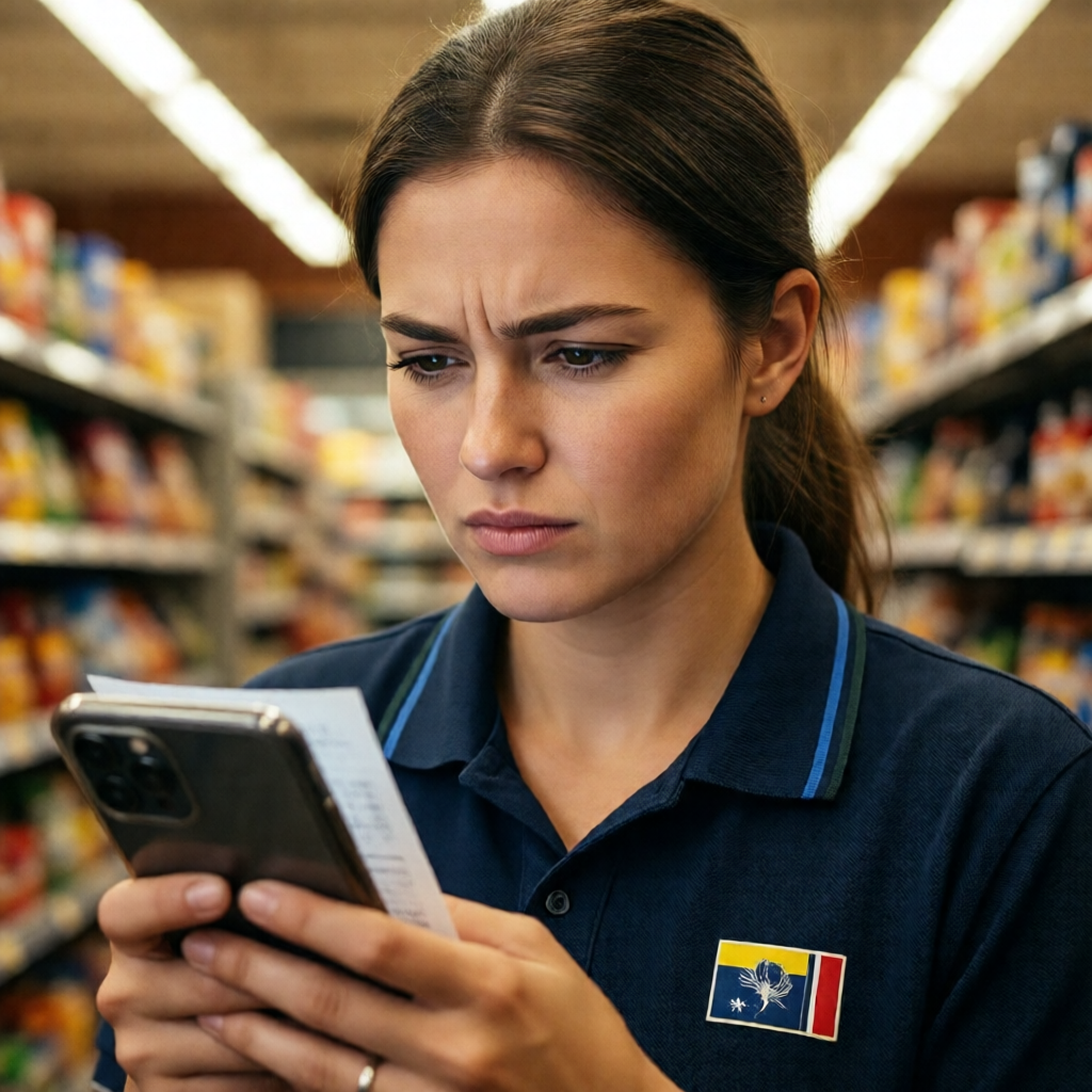 Close-up editorial shot of a young Australian retail worker in a branded polo shirt squinting at a payslip on her smartp