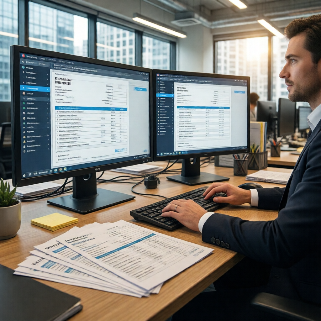 Wide-angle editorial photograph of a payroll professional at a standing desk in a sunlit open-plan Sydney office, dual m