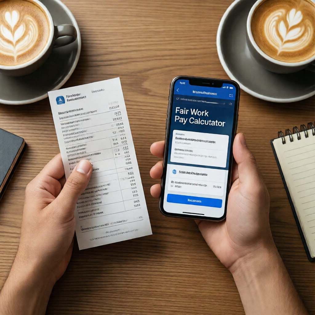 Overhead editorial flat-lay of an Australian café worker's hands holding a printed payslip and a smartphone open to the 