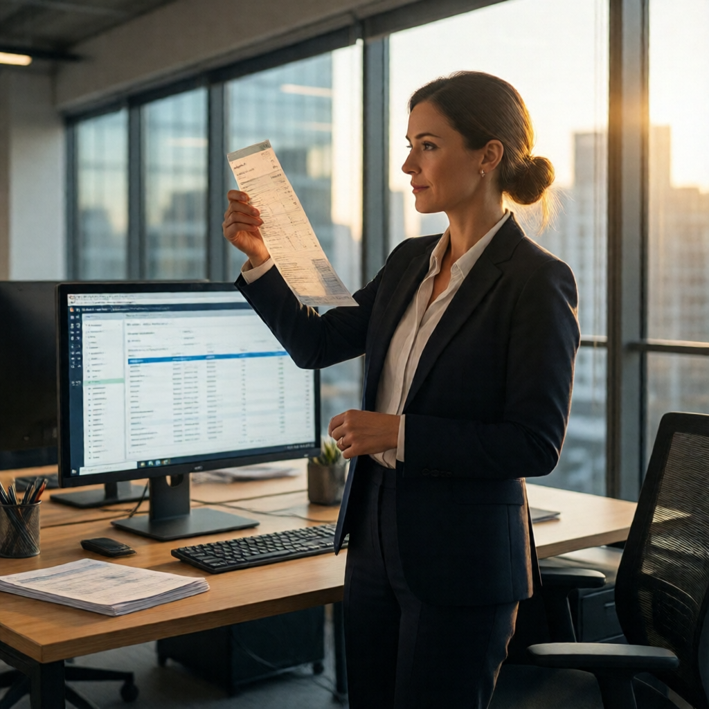 Wide-angle editorial photograph of an Australian HR manager at a standing desk, holding a printed payslip up to the ligh