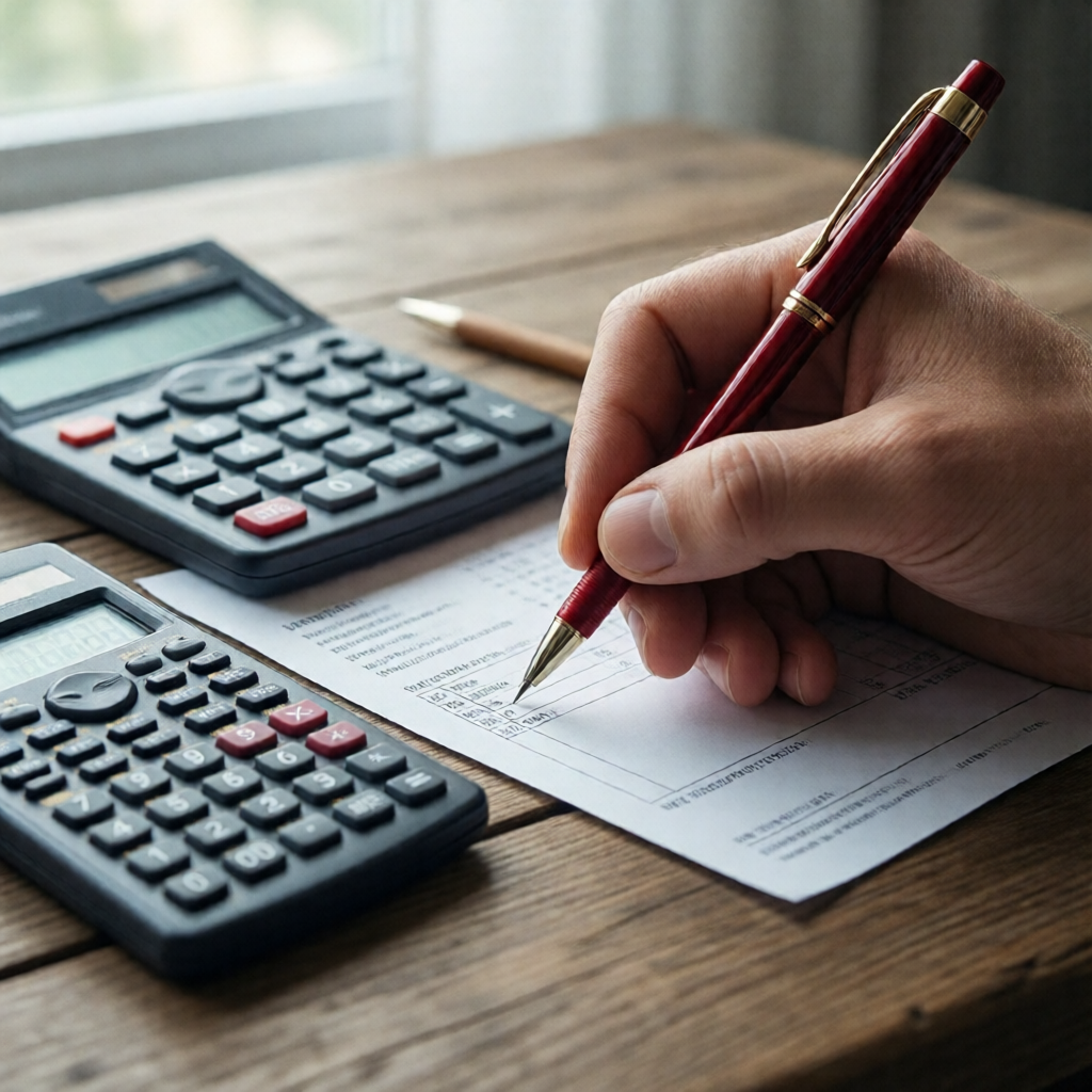 Tight editorial close-up of a hand annotating an Australian payslip with a fine-tipped red pen, a scientific calculator 