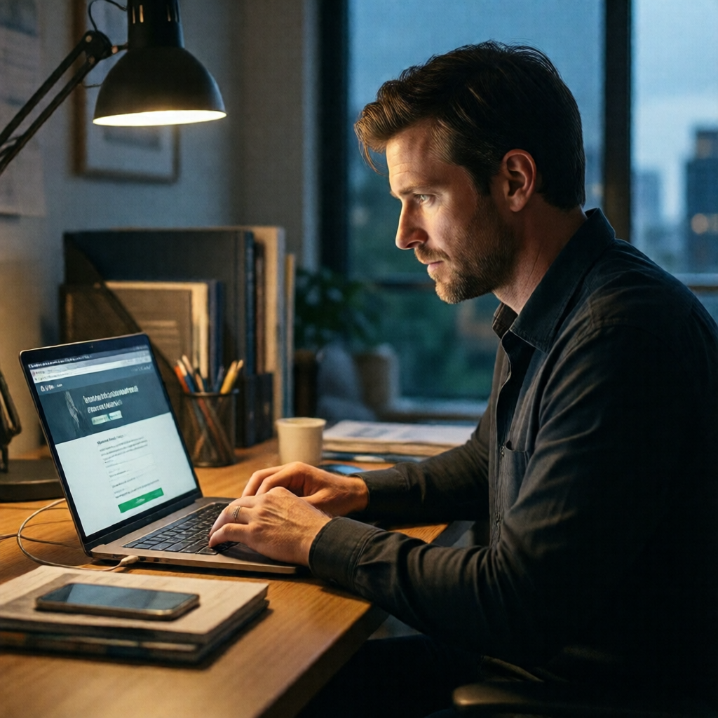 Australian worker at a home office desk, laptop open to the MyGov portal, face illuminated by the screen glow in early-e