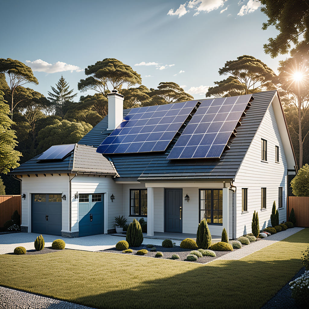 Homeowner couple sitting at a kitchen table reviewing solar energy bills and savings documents beside a sunlit window, a